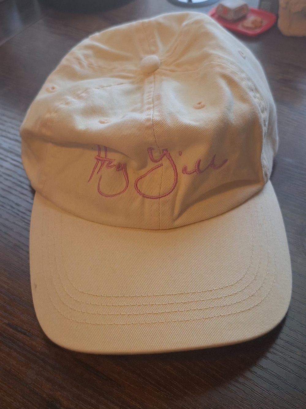 Hey Y'all Baseball Cap - Cream with Pink Script Adjustible